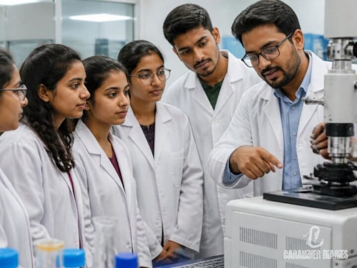 Students in lab coats on a science lab visit with an instructor