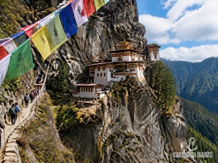Tiger's Nest monastery on a cliff in Paro, Bhutan, with prayer flags