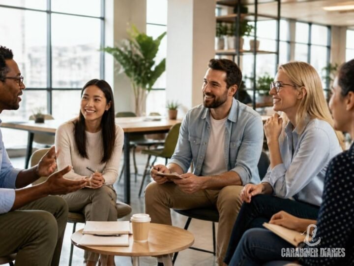 Colleagues talking and listening in a bright office workshop