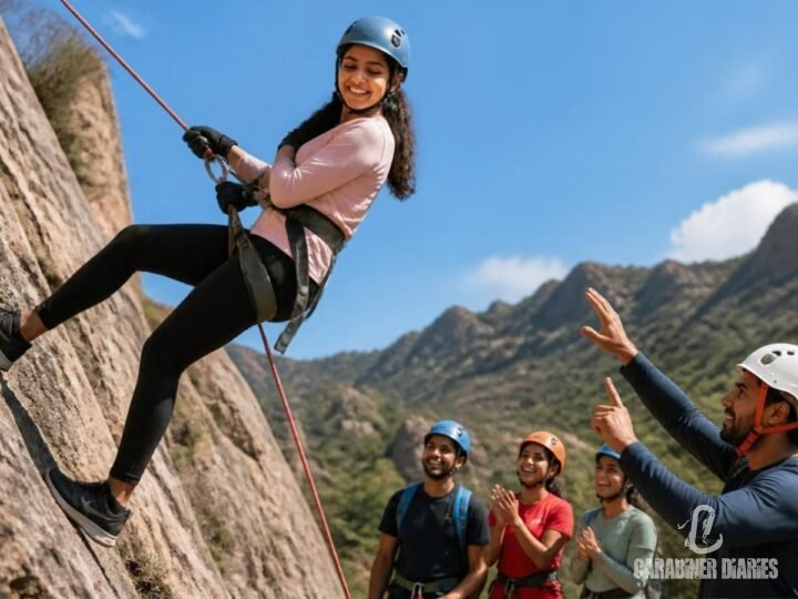 Woman rappelling down a rock face while teammates cheer