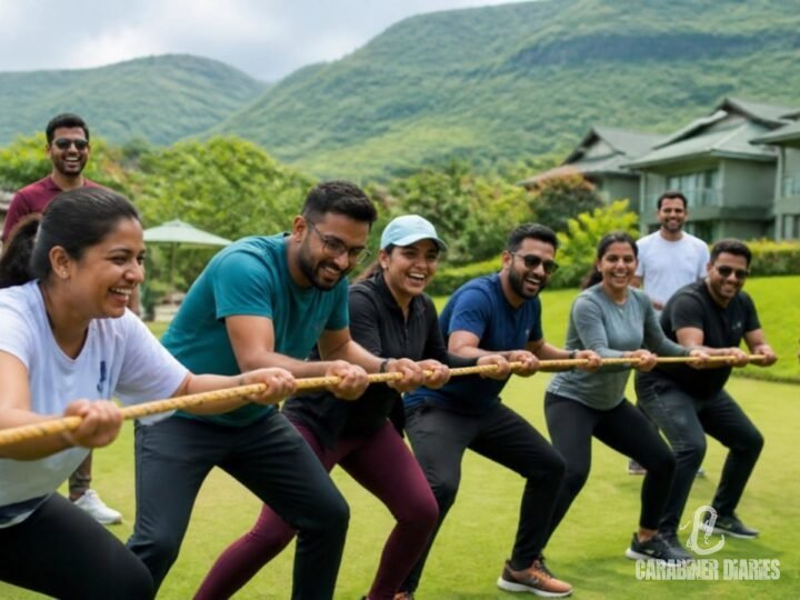 Corporate team on an outdoor activity at a green hill resort in India