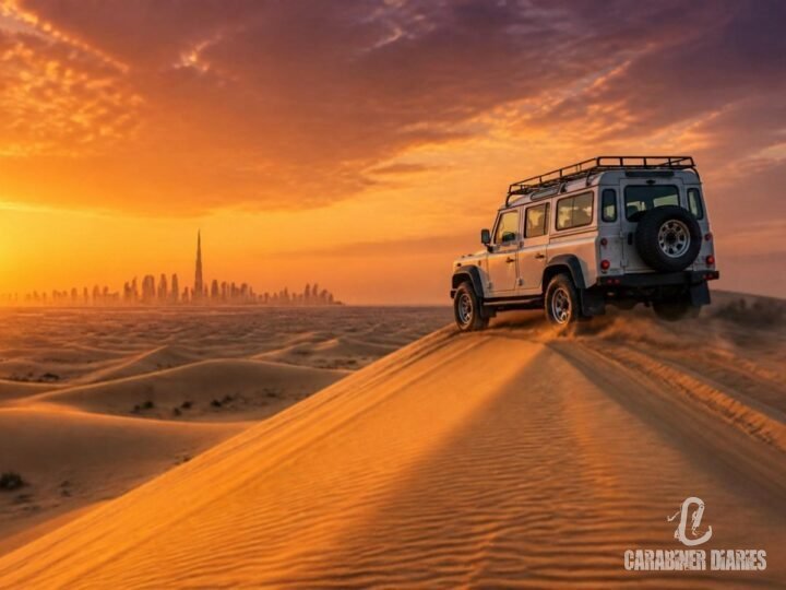 4x4 jeep on golden sand dunes in the Dubai desert at sunset
