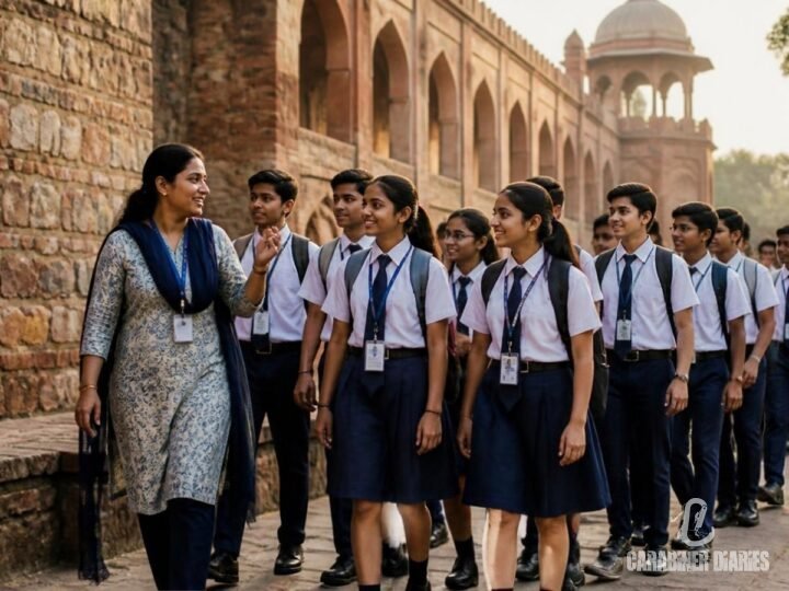 School students with a teacher on an educational trip at a historic monument
