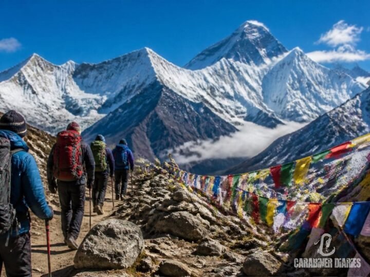 Trekkers on the trail to Everest Base Camp in the Khumbu