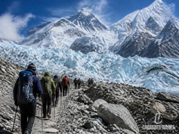 Trekkers on the rocky trail to Everest Base Camp