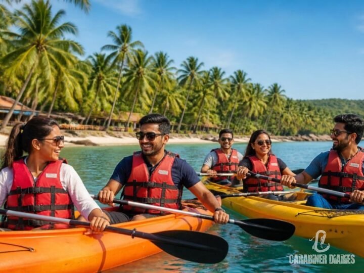 Corporate team kayaking near a palm-lined Goa beach