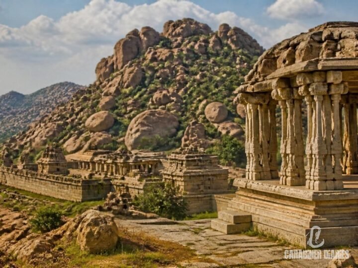 Ancient temple ruins among granite boulders in Hampi
