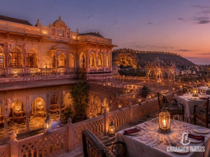 Courtyard of a restored heritage haveli in Jaipur with carved arches