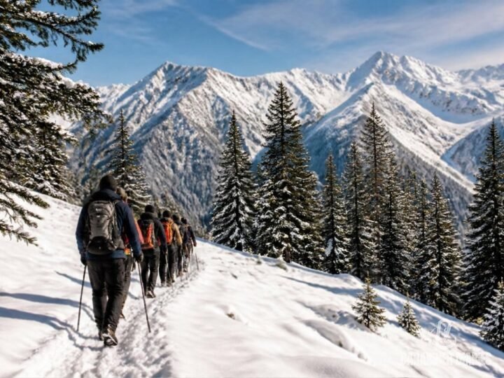 Trekkers in snowy pine forest on the Kedarkantha trek, Uttarakhand