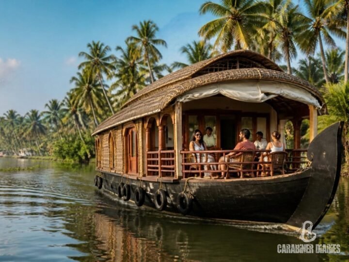 Houseboat on the palm-lined Alleppey backwaters, Kerala
