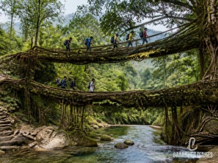 Trekkers on the double-decker living root bridge at Nongriat, Meghalaya