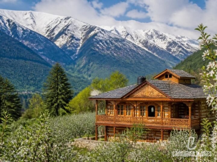 Wooden Himachali homestay among apple orchards near Manali with snow peaks