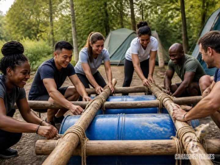 Corporate team building a raft together at an outdoor campsite