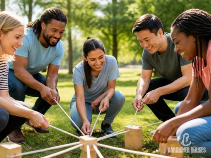 Colleagues working together on an outdoor group challenge in a park