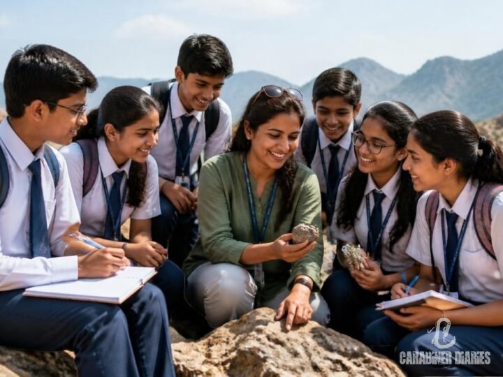 School students with a teacher on an educational trip