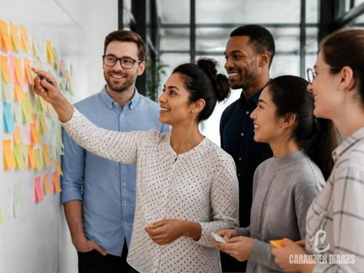 Colleagues brainstorming at a whiteboard with sticky notes