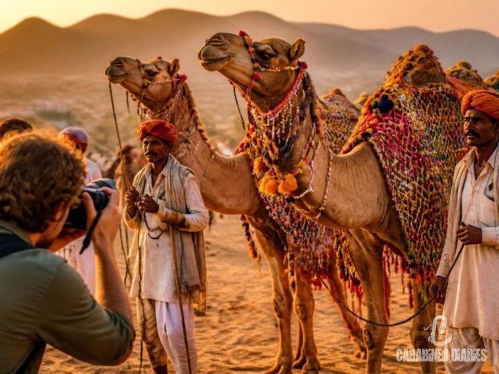 Decorated camels at the Pushkar Camel Fair at golden hour
