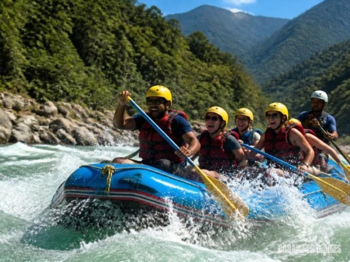 Group white-water rafting on the Ganga near Rishikesh