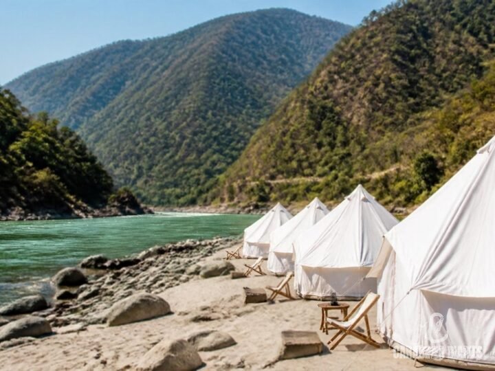 Riverside tents on a sandy Ganga beach near Rishikesh