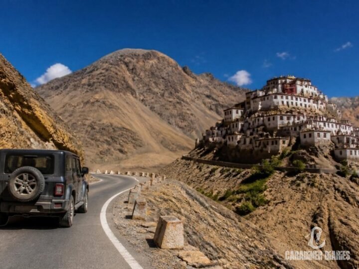 Jeep on a high-altitude road in Spiti Valley near Key Monastery
