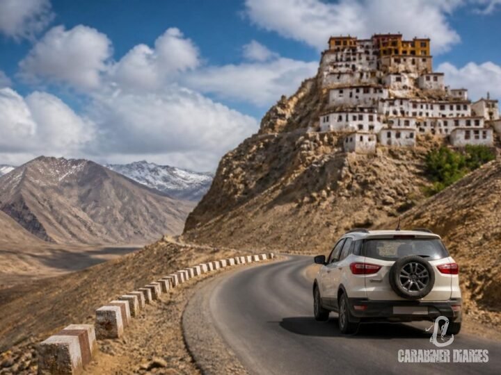 A vehicle on a mountain road in the high desert of Spiti Valley