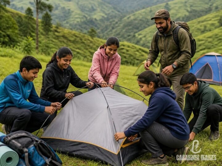 Students pitching tents together at an outdoor adventure camp