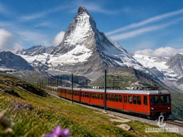 The Matterhorn above Zermatt with a scenic mountain train