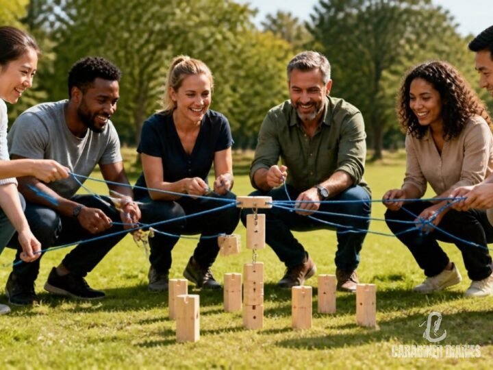 Corporate team doing an outdoor team-building activity