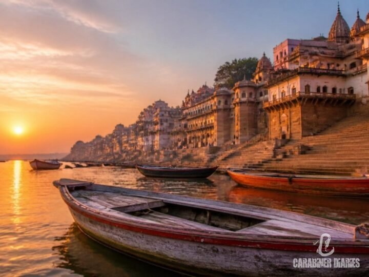 Boats on the Ganges at the ghats of Varanasi at sunrise