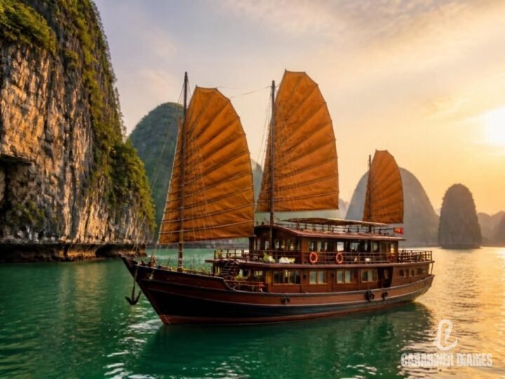 Junk boat among limestone karsts in Ha Long Bay, Vietnam