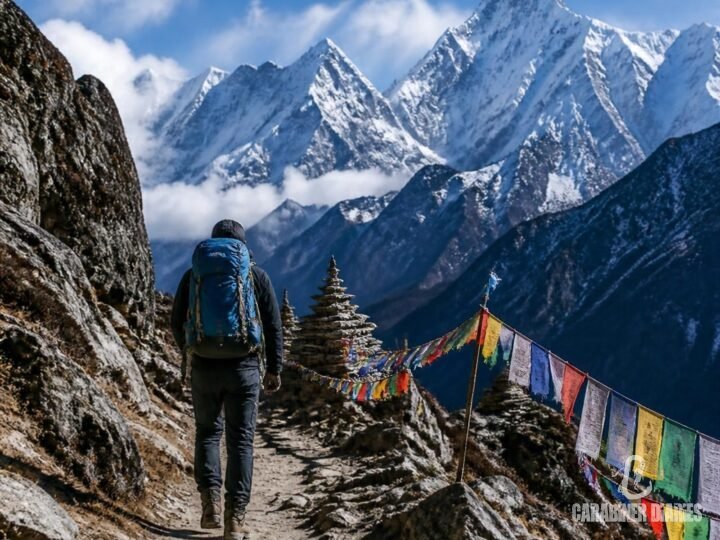 Trekker with a backpack on a Himalayan trail